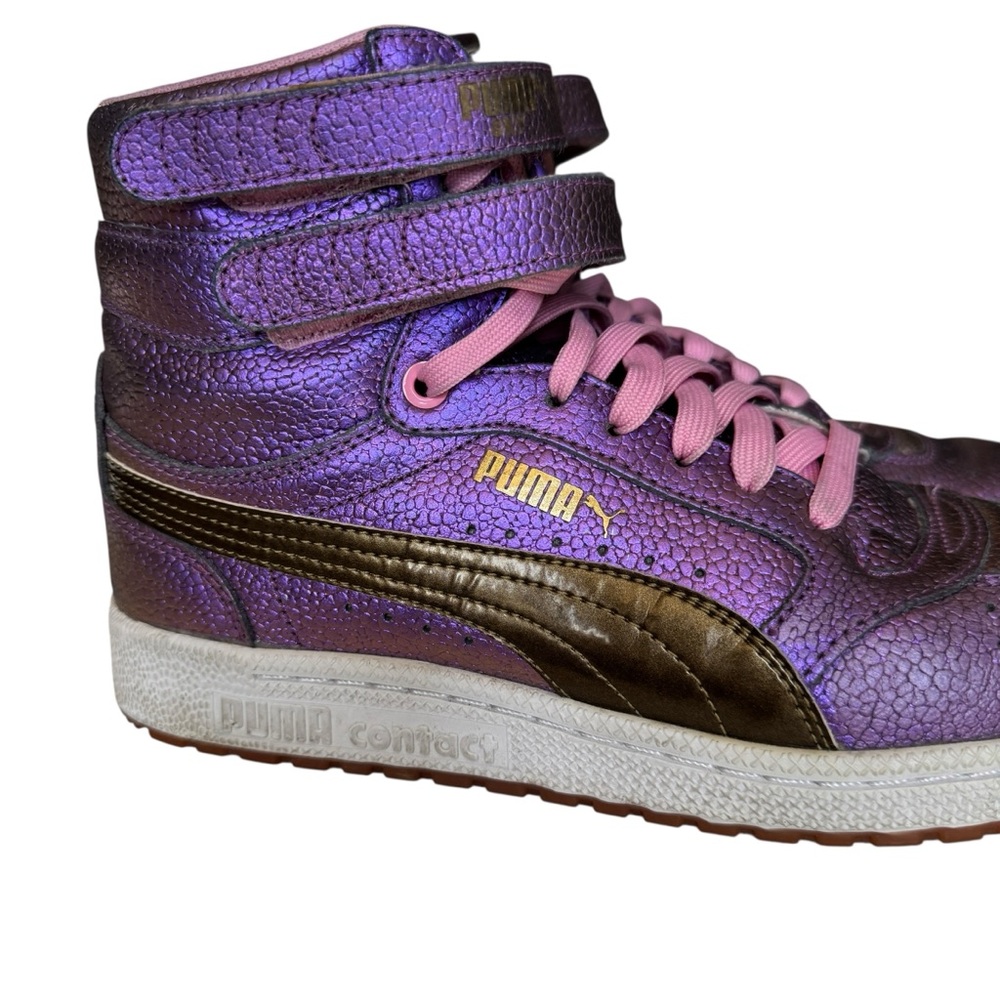 Puma Purple Metallic High-Top Sneakers with Pink Laces and Gold Stripe - Picture 2 of 9